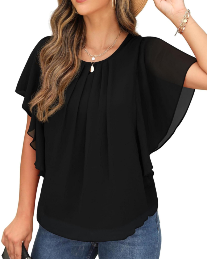 Hazel Women's Blouse – Two-Layer Chiffon Top with Batwing Sleeves & Pleats
