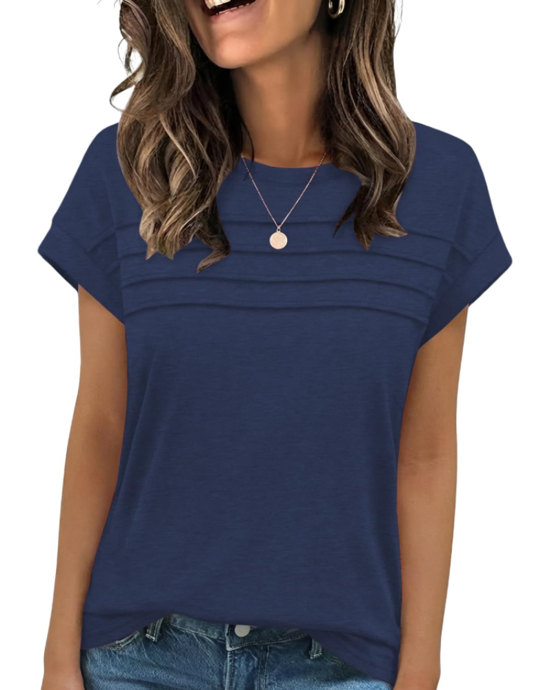 Nora T-Shirt Γυναικείο – Τοπ με Στρογγυλή Λαιμόκοψη, Διακοσμητικές Πτυχές & Κοντά Μανίκια