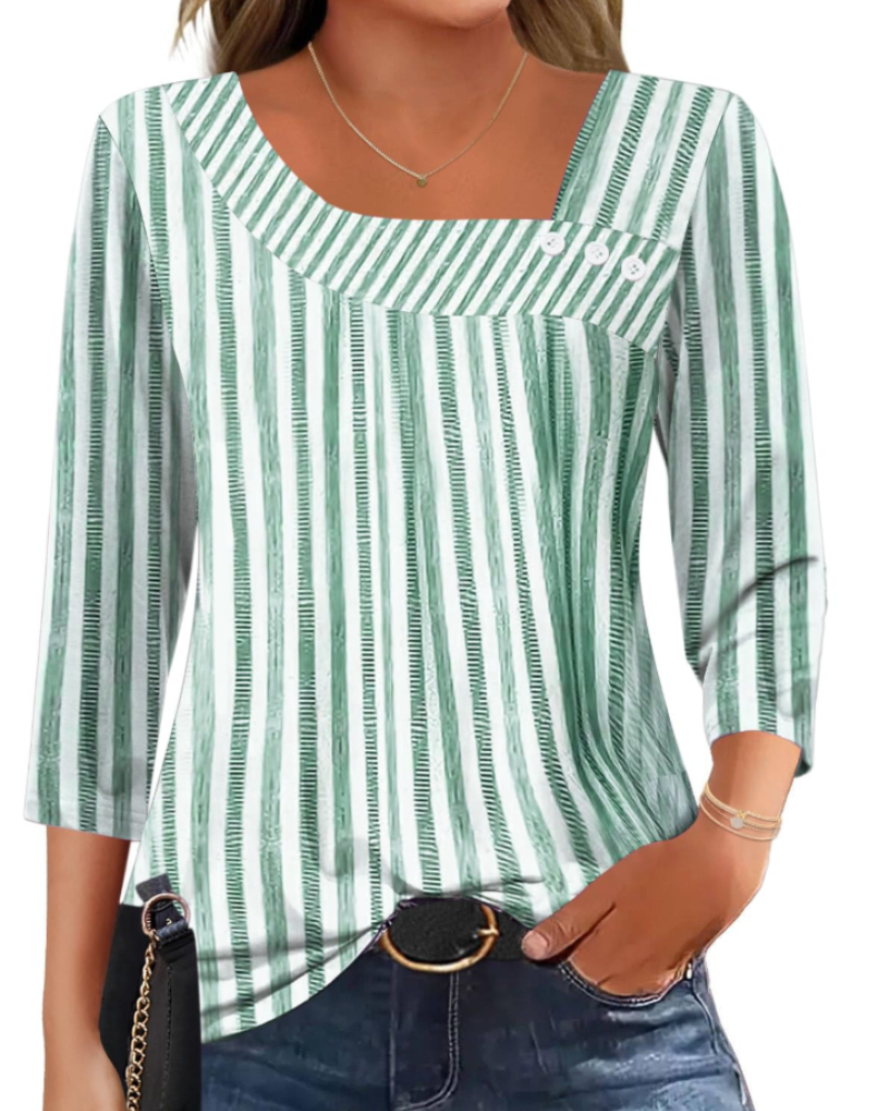 Elisa Damenbluse – Asymmetrisches Top mit 3/4-Ärmeln, Knöpfen und Stretchstoff