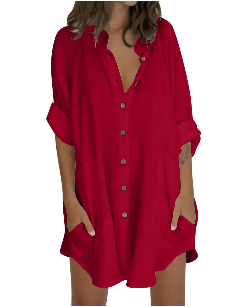 Emma Blusa Donna – Camicia Oversize in Cotone Lino con Maniche 3/4 & Bottoni