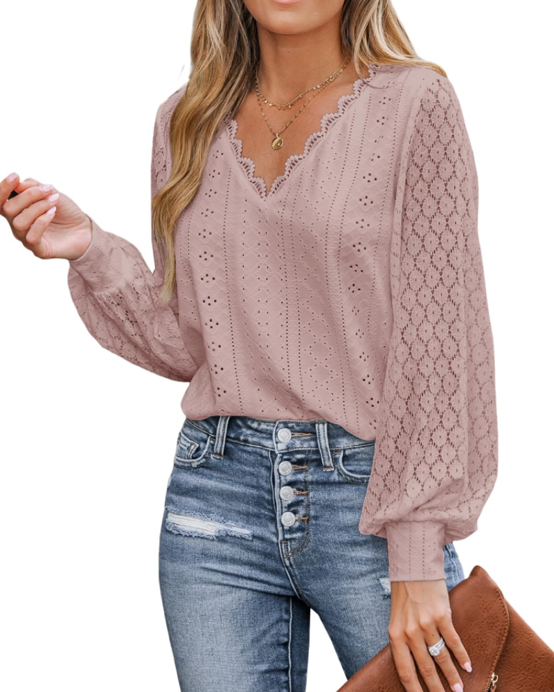 Victoria Blusa Donna – Top in Pizzo con Scollo a V, Maniche Lunghe & Dettagli Cut-Out