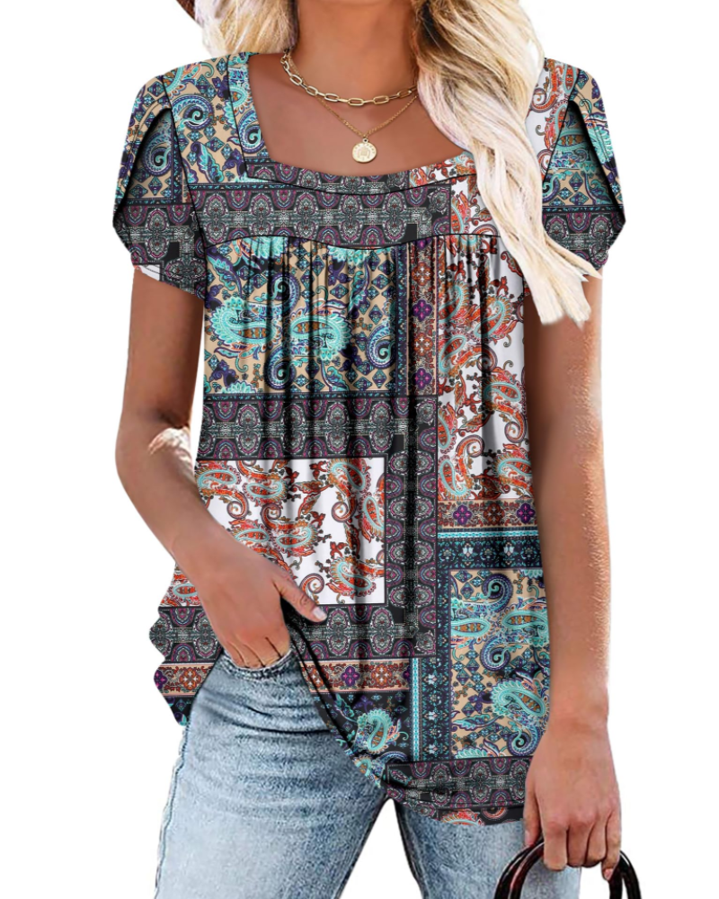 Emma Women's Blouse – Soft Top with Square Neckline, Vibrant Print & Short Sleeves