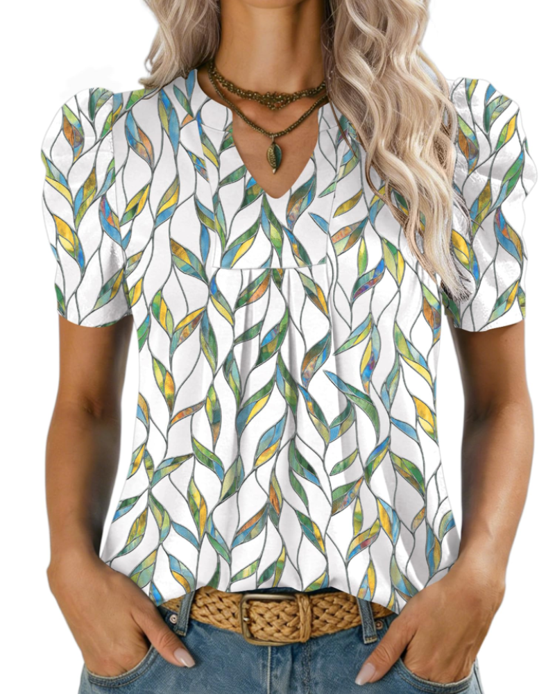 Emma Bluse Dame – Elegant Topp med V-hals, Puffermet og Løs Passform