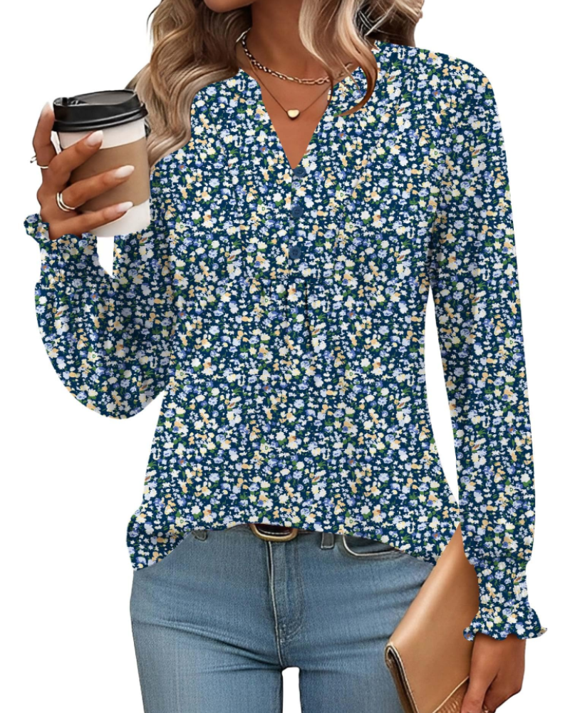 Freya Damenbluse – Florales Top mit V-Ausschnitt, langen Ärmeln und plissiertem Saum