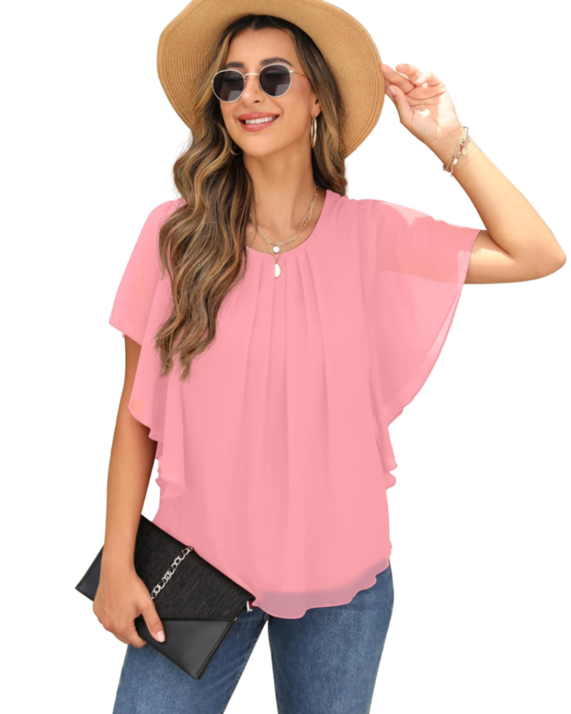 Hazel Blusa Donna – Top in Chiffon a Due Strati con Maniche Pipistrello & Pieghe