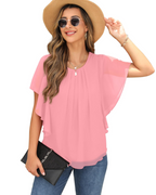 Hazel Blusa Donna – Top in Chiffon a Due Strati con Maniche Pipistrello & Pieghe