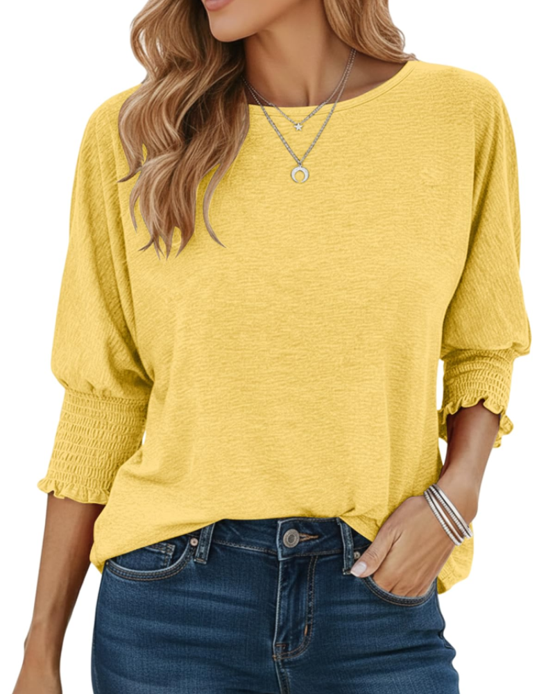 Camiseta Bianca para mujer – Top con cuello redondo, mangas 3/4 y puños fruncidos