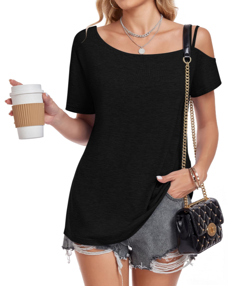 Maya Top Donna – T-Shirt-Tunika mit Cold-Shoulder, asymmetrischem Ausschnitt und dünnen Trägern