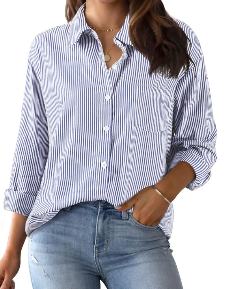 Harper Camicia Donna – Blusa Oversize in Cotone a Righe con Bottoni, Colletto & Tasca
