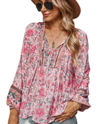 Diana Dámská Blůza – Boho Květinový Top z Viskózy s Výstřihem do V a Balonovými Rukávy