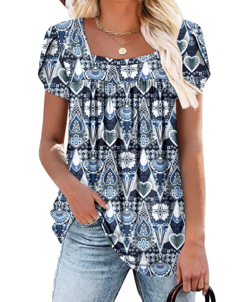 Emma Women's Blouse – Soft Top with Square Neckline, Vibrant Print & Short Sleeves