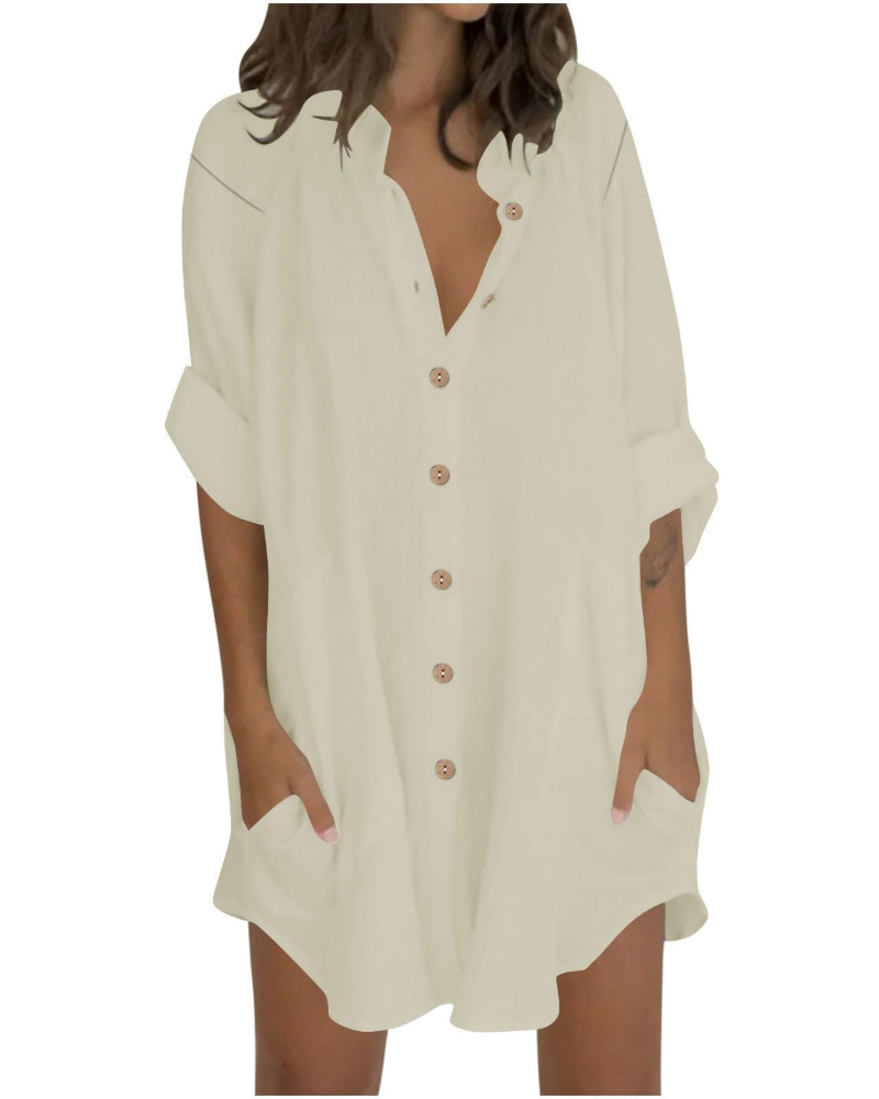 Emma Blusa Donna – Camicia Oversize in Cotone Lino con Maniche 3/4 & Bottoni