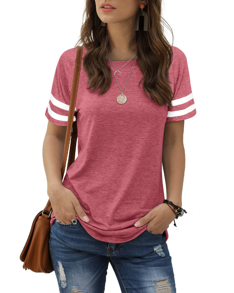 Camiseta Chloe para mujer – Top de verano con mangas a rayas, cuello redondo y aberturas laterales