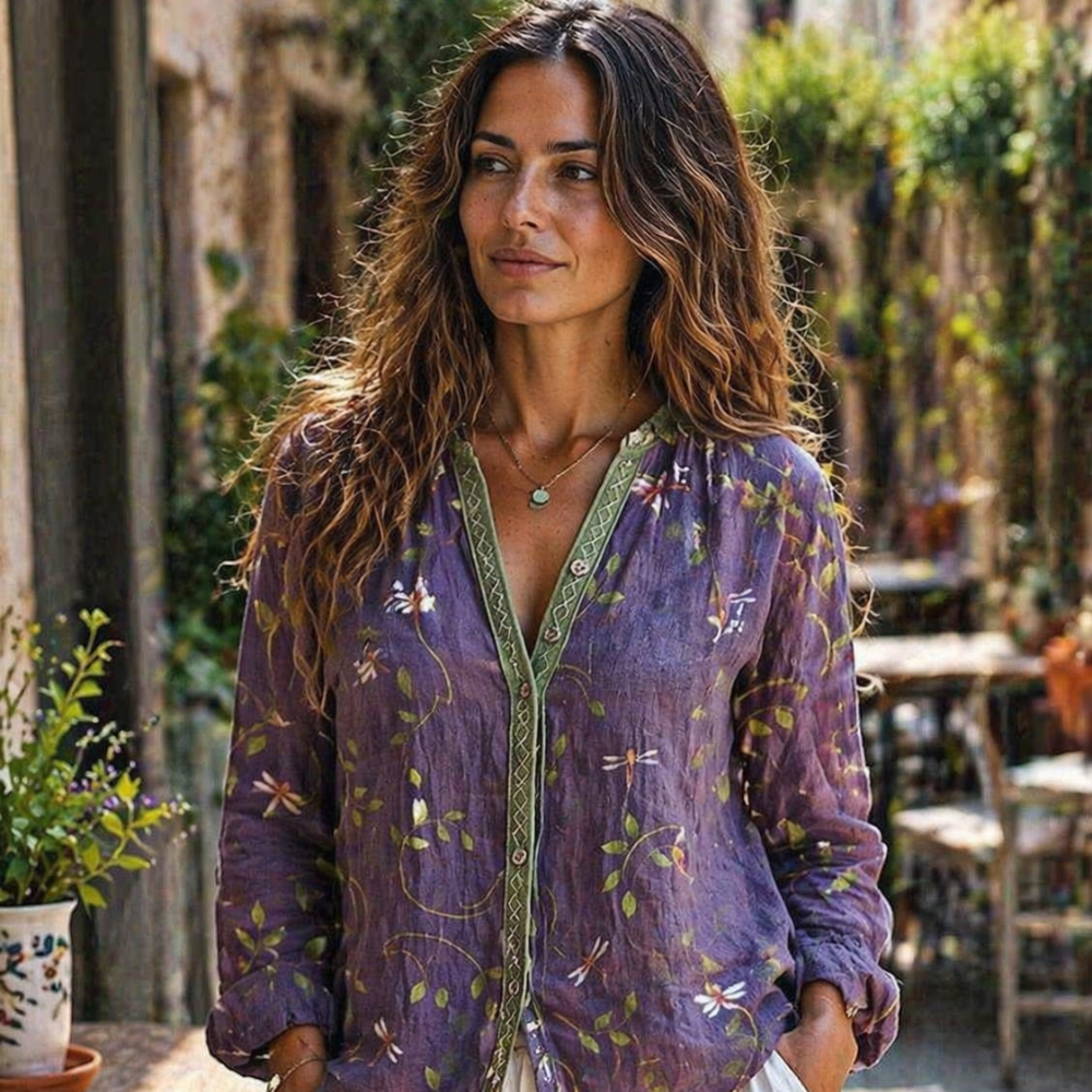 Helen Blusa Mujer Vintage – Top Elegante Estampado de Hojas, Ligero, Casual Chic Otoño