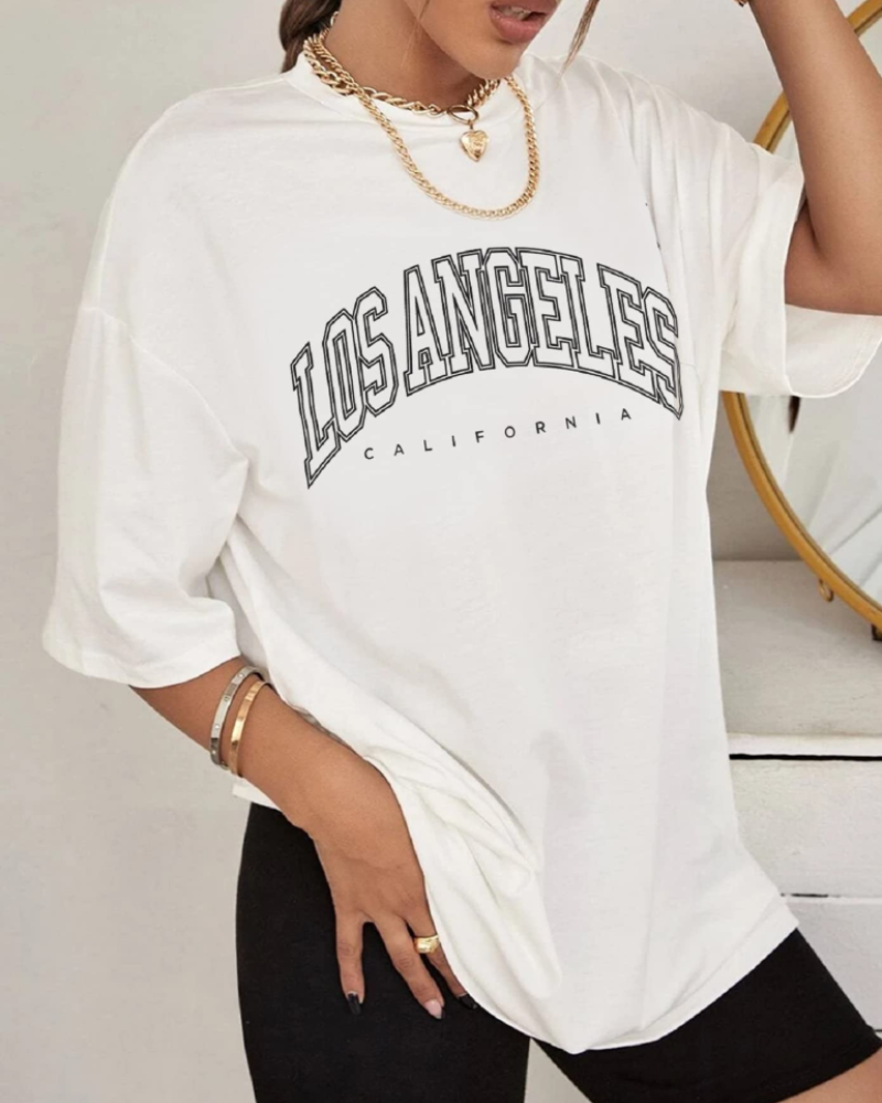 T-shirt Lydia pour femme – T-shirt en coton avec impression Los Angeles et col rond