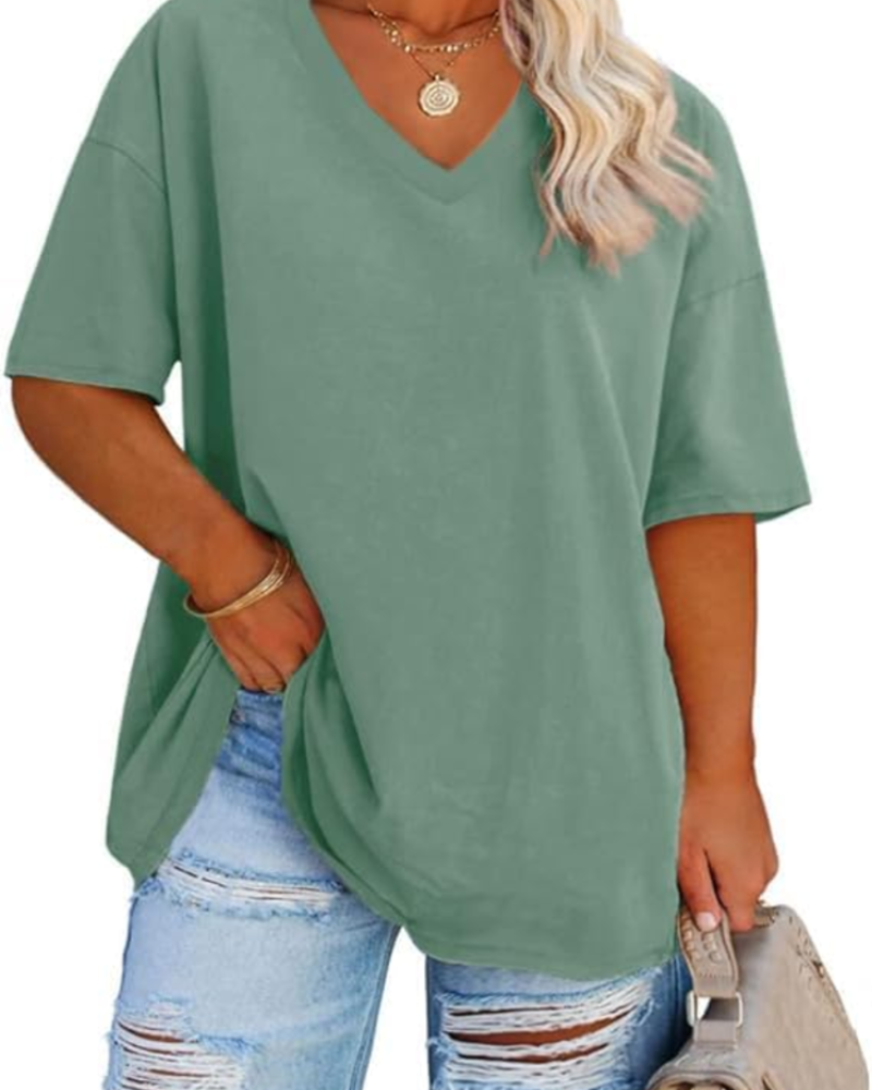 Camiseta Grace para mujer – Top talla grande con escote en V, mangas tres cuartos y ajuste holgado