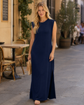 Brielle Vestido Mujer Maxi – Cuello Redondo, Sin Mangas, Bolsillos y Abertura