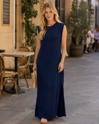 Brielle Vestido Mujer Maxi – Cuello Redondo, Sin Mangas, Bolsillos y Abertura