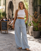 Emily Pantalones de mujer Barrel – Rayas verticales, cordón ajustable y bolsillos laterales