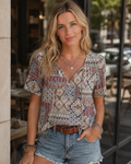 Winona Damenbluse – Boho-Tunika mit V-Ausschnitt, Bändern und Puffärmeln