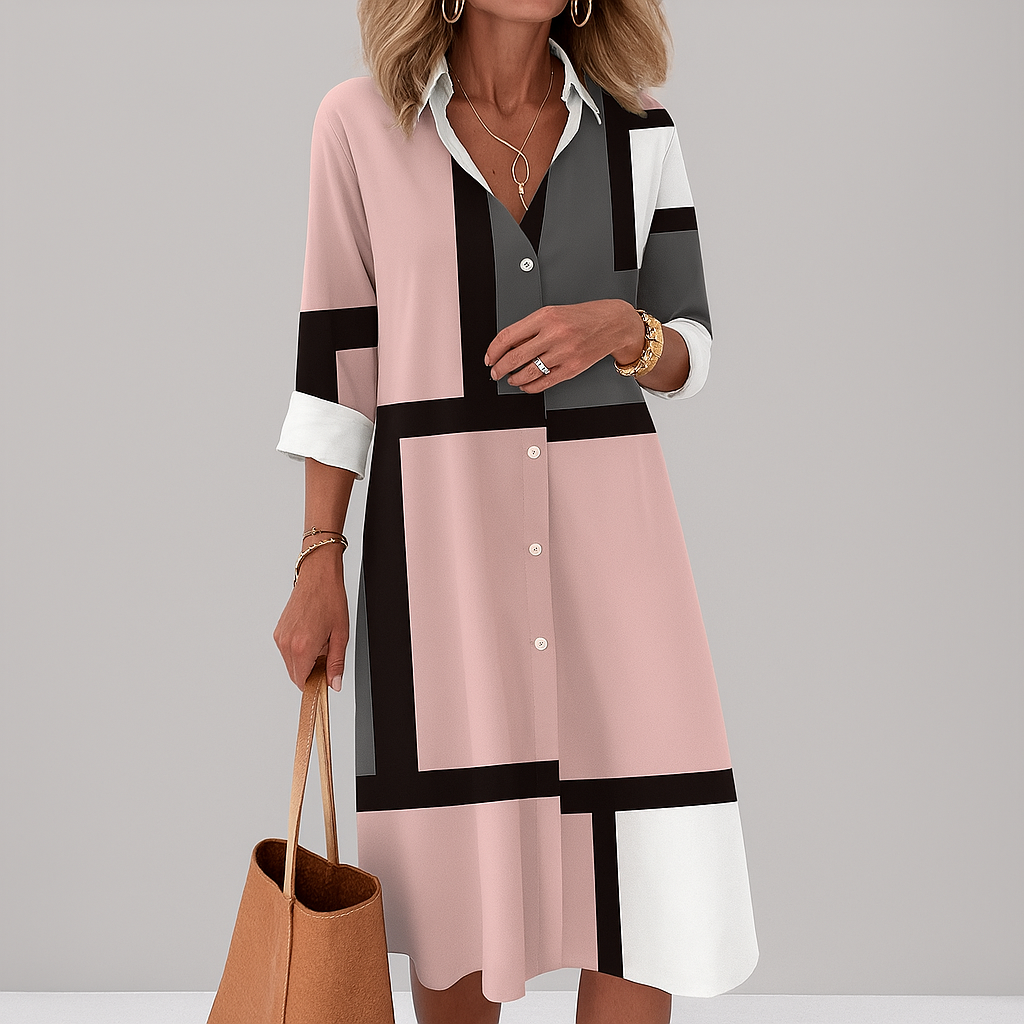 Gigi Women's Shirt Dress – Geometric Dress with Buttons, Elegant Casual Office