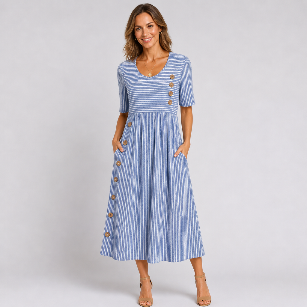 Marga Robe Femme Midi à Rayures – Robe Légère Manches 3/4 Élégante Casual