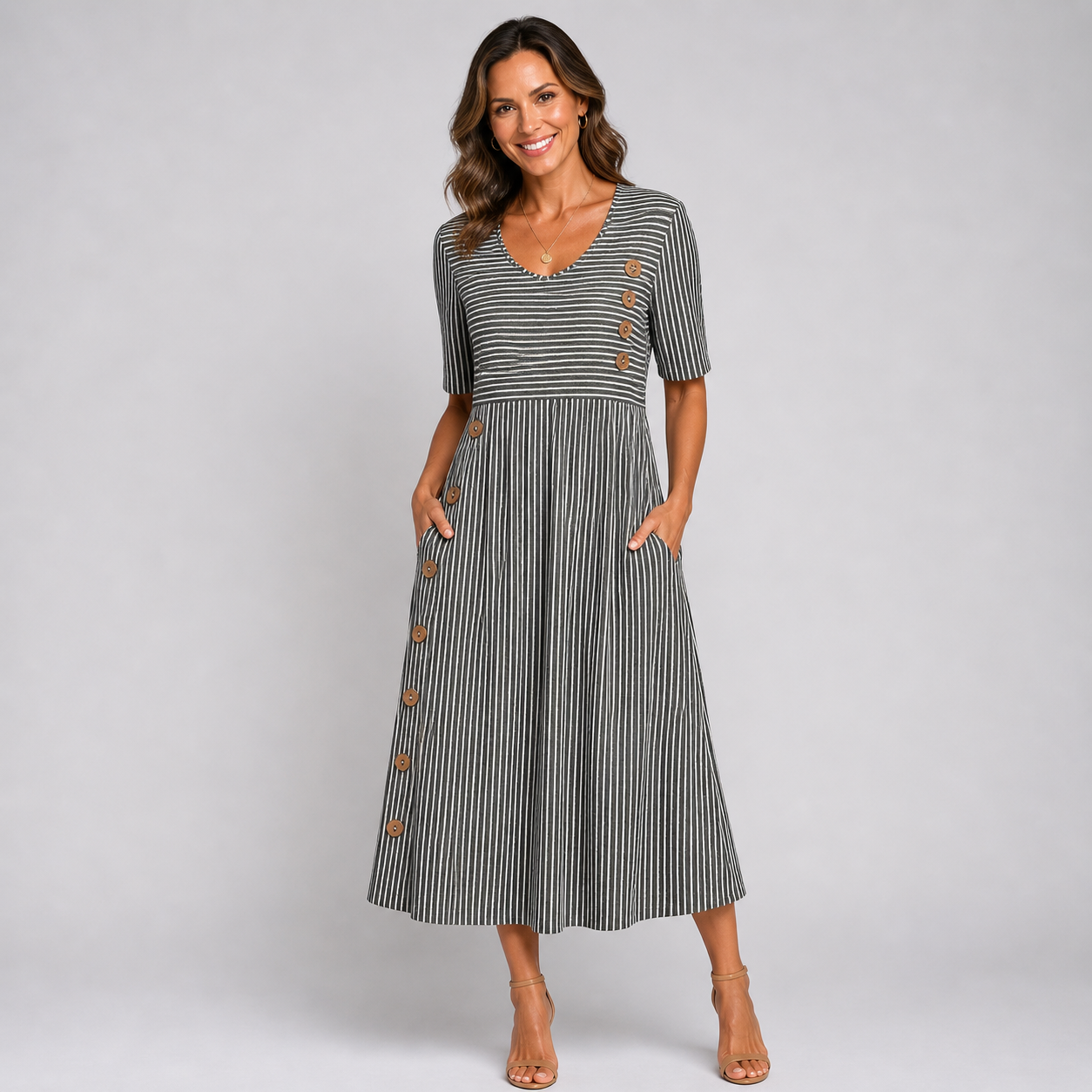 Marga Abito Donna Midi a Righe – Vestito Leggero Maniche 3/4 Elegante Casual
