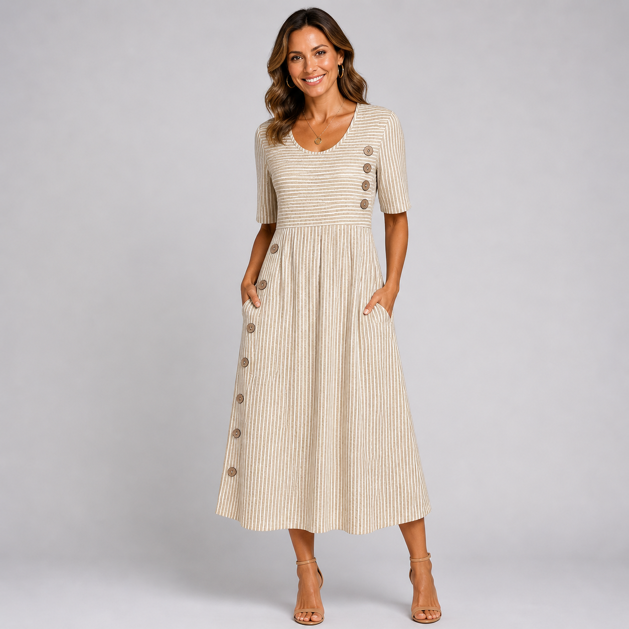Marga Abito Donna Midi a Righe – Vestito Leggero Maniche 3/4 Elegante Casual