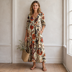 Mariah Robe Femme Lin Vintage – Robe Midi Imprimé Géométrique, Légère Élégante