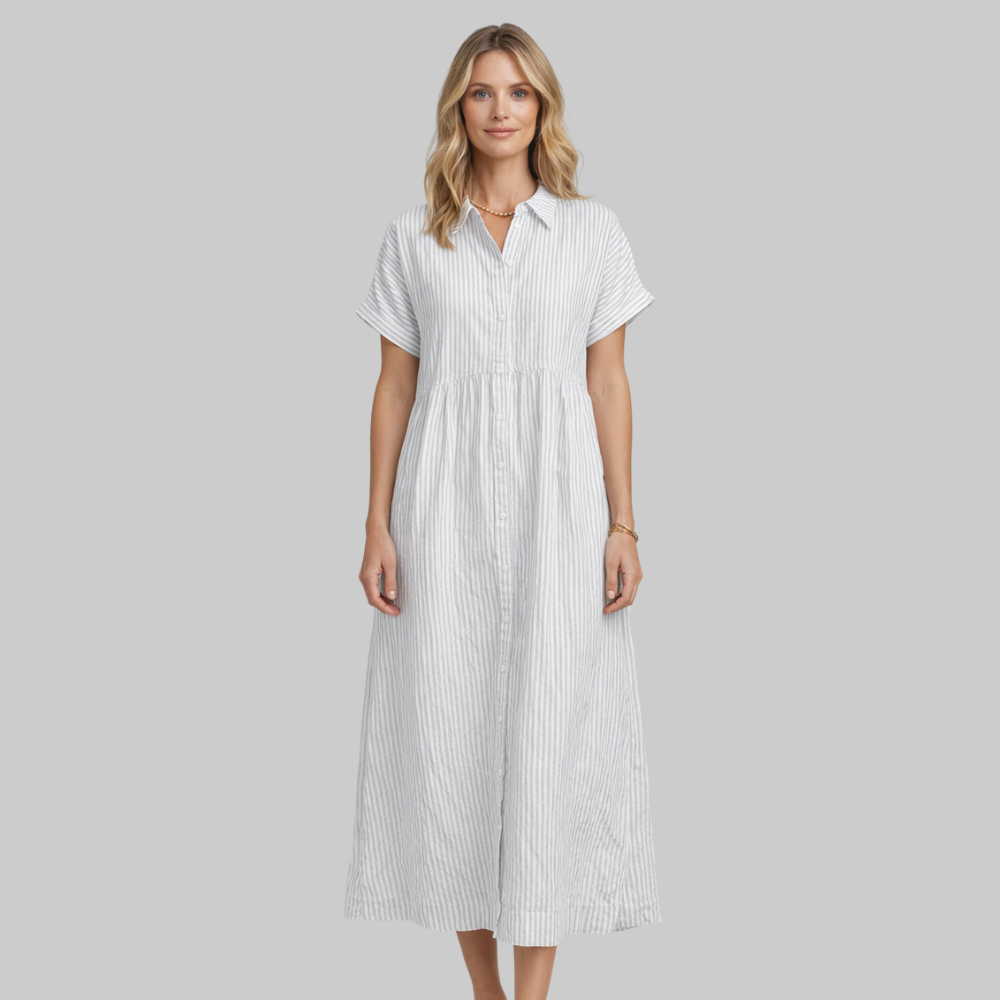 Clara Vestido Camisa Maxi de Mujer a Rayas – Vestido Elegante con Botones y Cuello