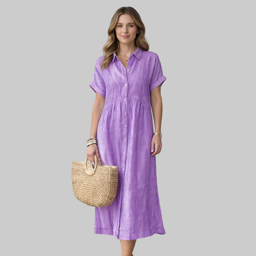 Clara Vestido Camisa Maxi de Mujer a Rayas – Vestido Elegante con Botones y Cuello