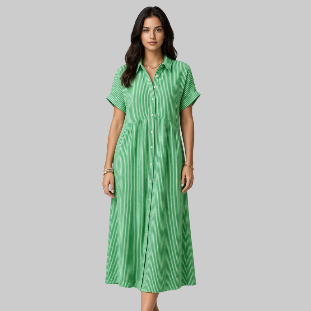 Clara Vestido Camisa Maxi de Mujer a Rayas – Vestido Elegante con Botones y Cuello