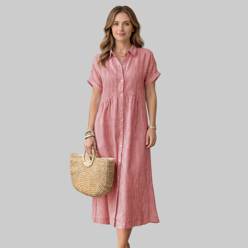 Clara Vestido Camisa Maxi de Mujer a Rayas – Vestido Elegante con Botones y Cuello