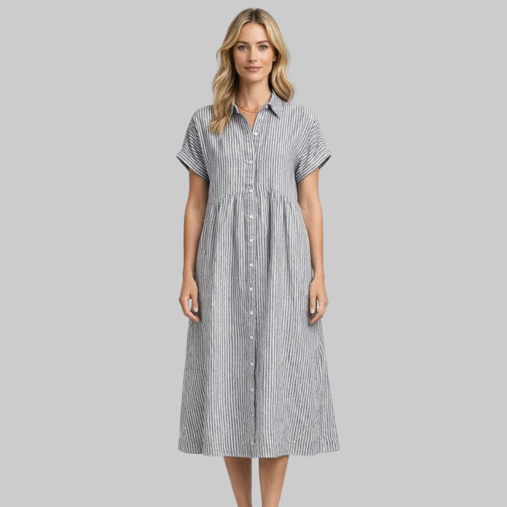 Clara Vestido Camisa Maxi de Mujer a Rayas – Vestido Elegante con Botones y Cuello