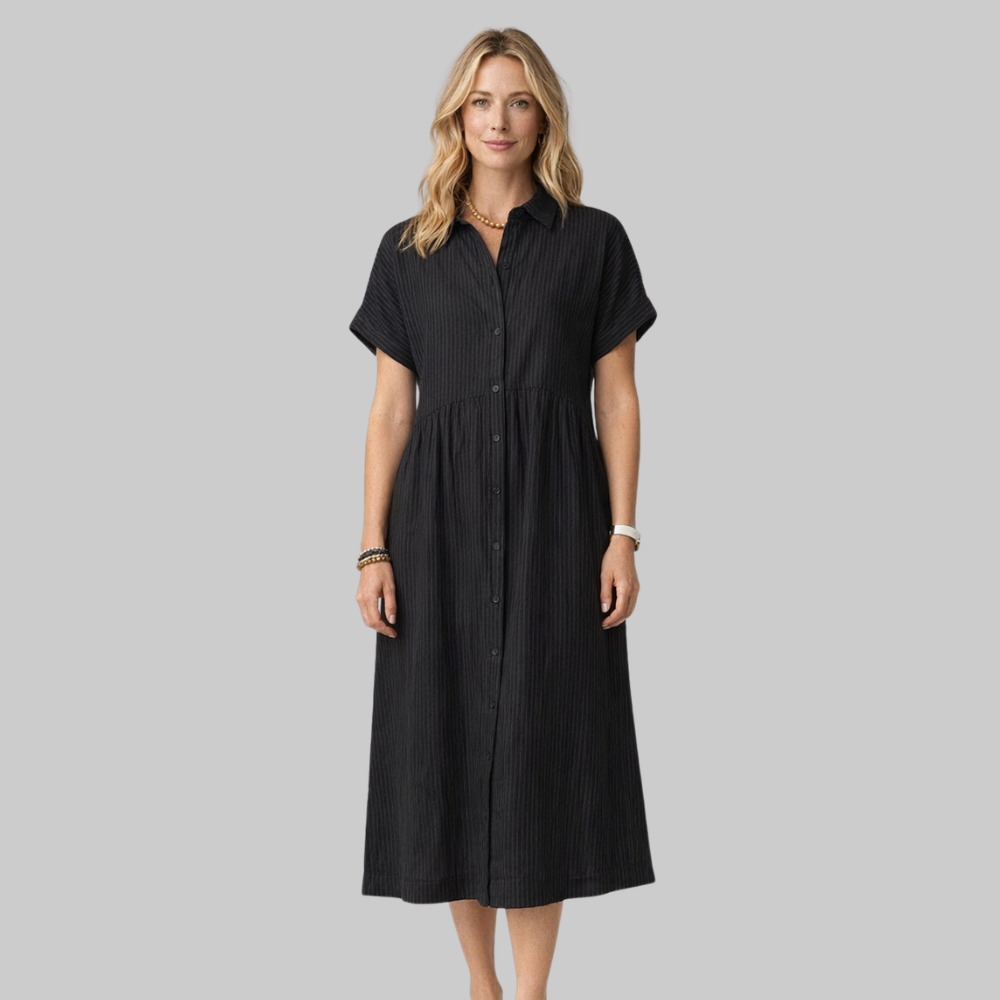 Clara Vestido Camisa Maxi de Mujer a Rayas – Vestido Elegante con Botones y Cuello