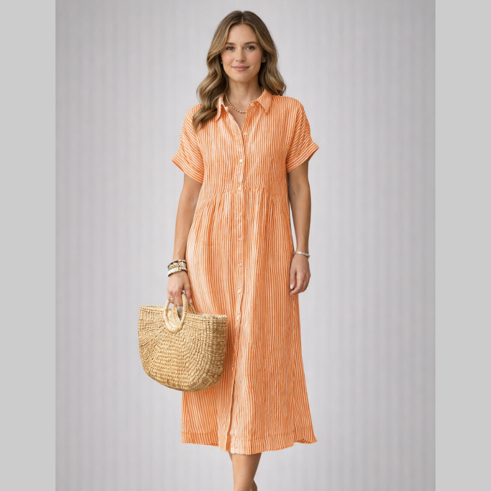 Clara Vestido Camisa Maxi de Mujer a Rayas – Vestido Elegante con Botones y Cuello