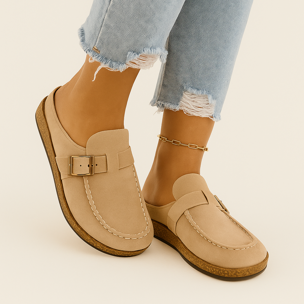 Noelle Mules Mujer Ante – Slip-On con Hebilla Ajustable, Suela de Corcho