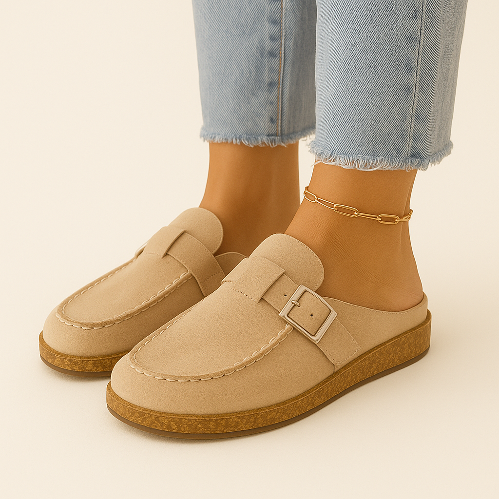 Noelle Mules Mujer Ante – Slip-On con Hebilla Ajustable, Suela de Corcho