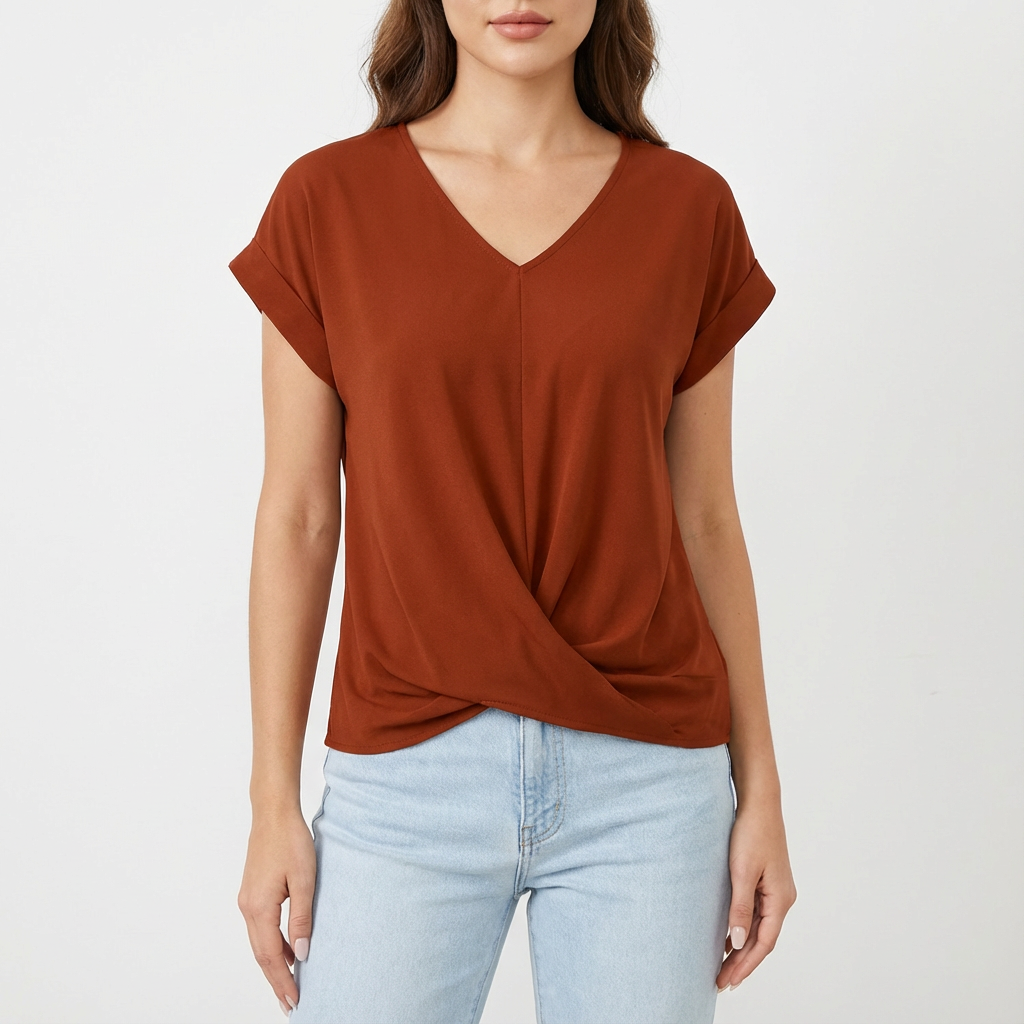 Laura T-Shirt Femme Col V – Maille Nœud Frontale Manches Courtes Décontracté Chic