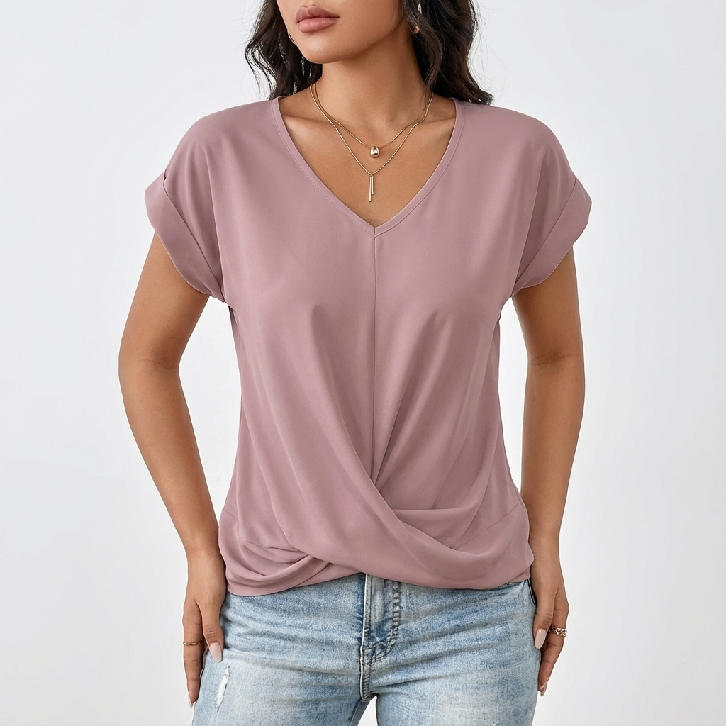 Laura T-Shirt Femme Col V – Maille Nœud Frontale Manches Courtes Décontracté Chic