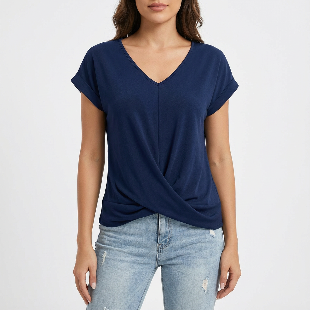 Laura T-Shirt Femme Col V – Maille Nœud Frontale Manches Courtes Décontracté Chic