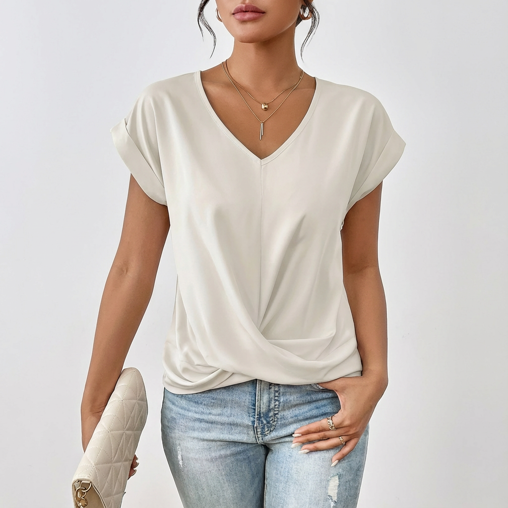 Laura T-Shirt Femme Col V – Maille Nœud Frontale Manches Courtes Décontracté Chic