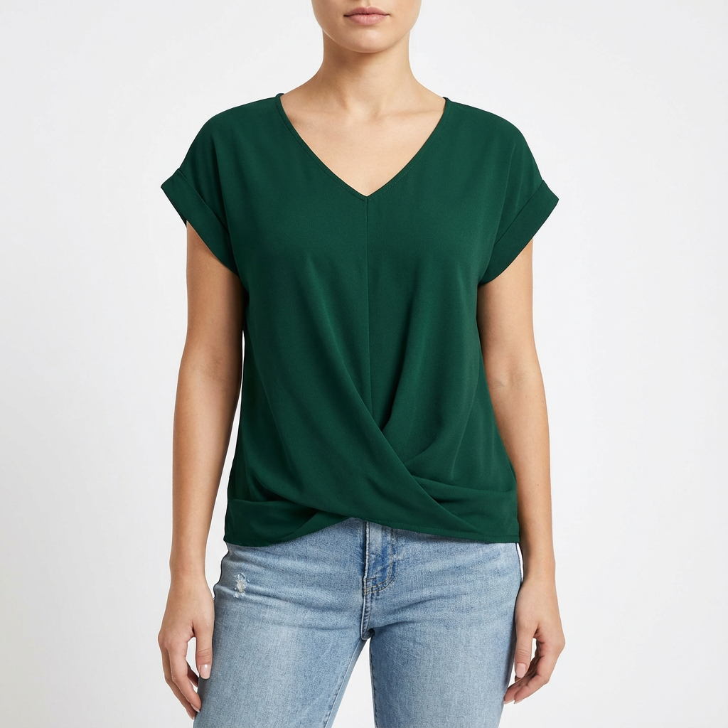 Laura T-Shirt Femme Col V – Maille Nœud Frontale Manches Courtes Décontracté Chic
