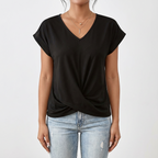 Laura Women's V-Neck T-Shirt – Front Knot Knit, Short Sleeves, Casual Chic