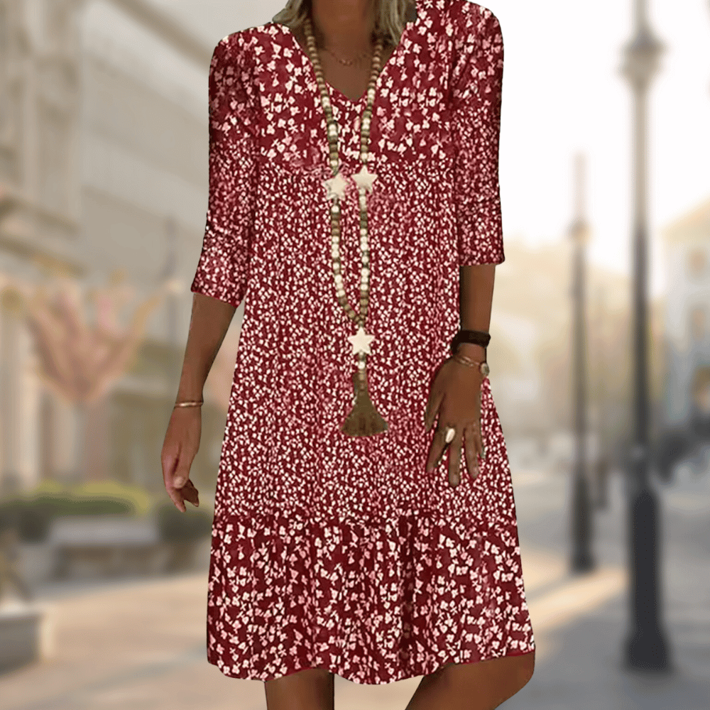 Avana Women's Floral Dress – V-Neck Dress, 3/4 Sleeves, Flowing Elegant Casual