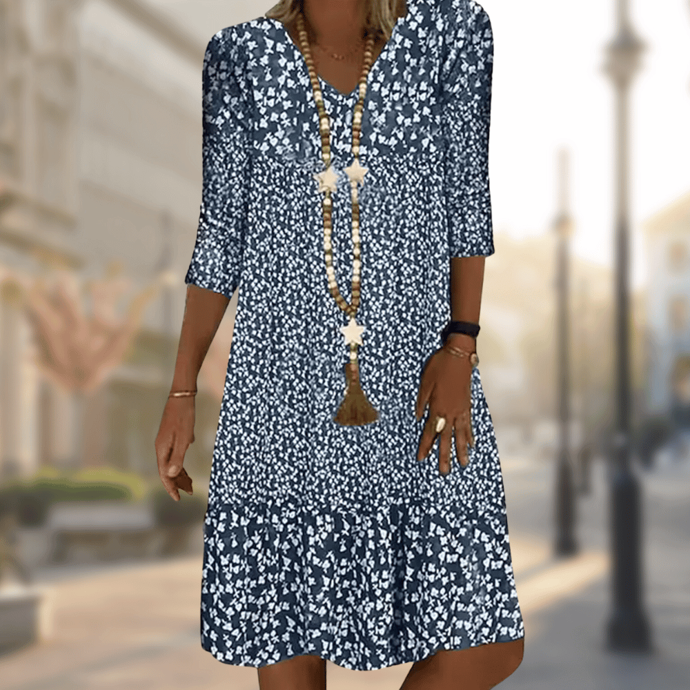 Avana Robe Femme Florale – Robe Col V, Manches 3/4, Fluide Élégante Décontractée