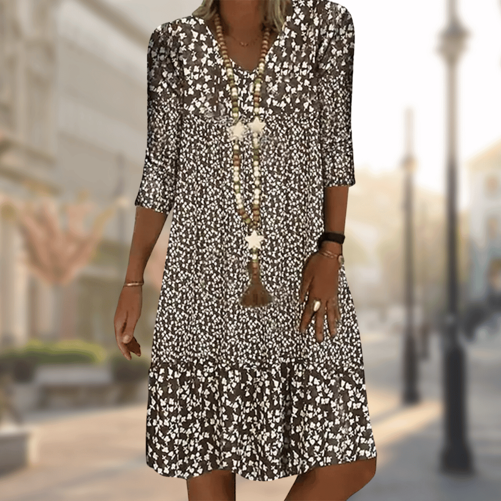 Avana Women's Floral Dress – V-Neck Dress, 3/4 Sleeves, Flowing Elegant Casual