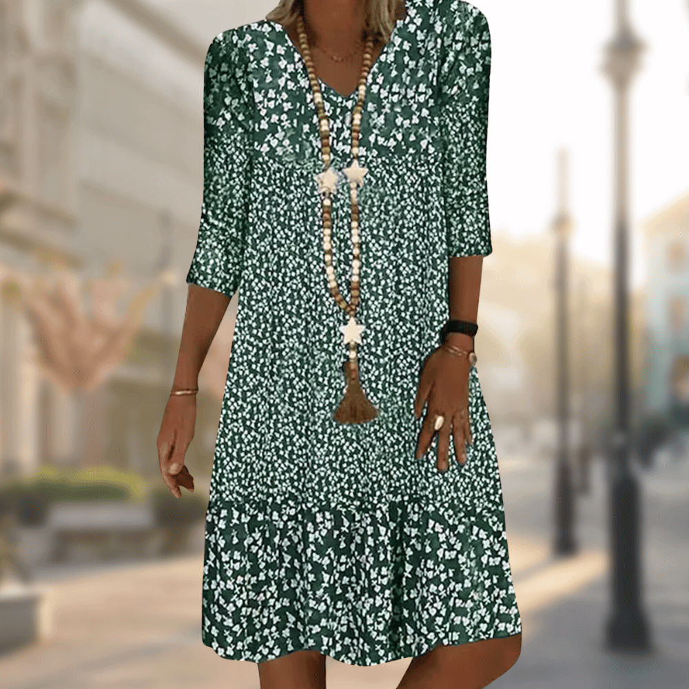 Avana Women's Floral Dress – V-Neck Dress, 3/4 Sleeves, Flowing Elegant Casual