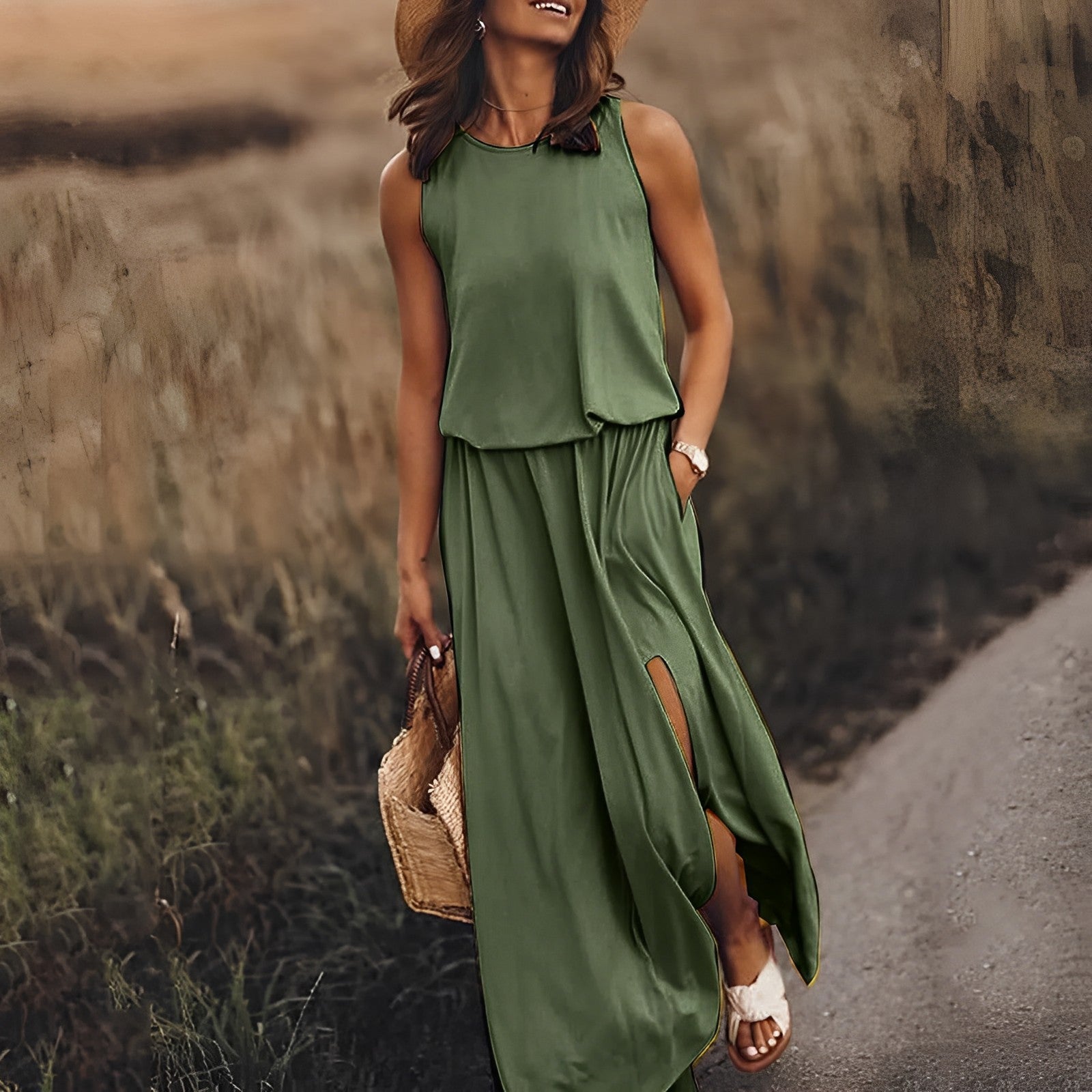Firenze Abito Donna Maxi Elegante – Vestito Lungo Senza Maniche, Fluido Vintage Chic