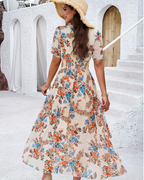 Eliza Robe midi pour femme – Col en V, manches courtes, taille haute et ourlet fluide